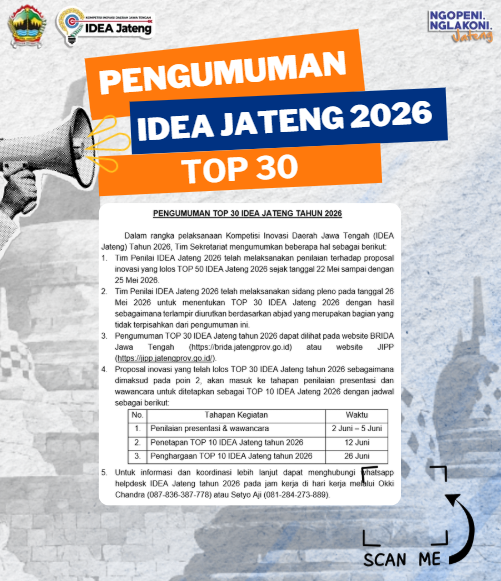 BRIDA Jawa Tengah Umumkan TOP 30 IDEA Jateng Tahun 2026, Siap Masuk Tahap Presentasi dan Wawancara